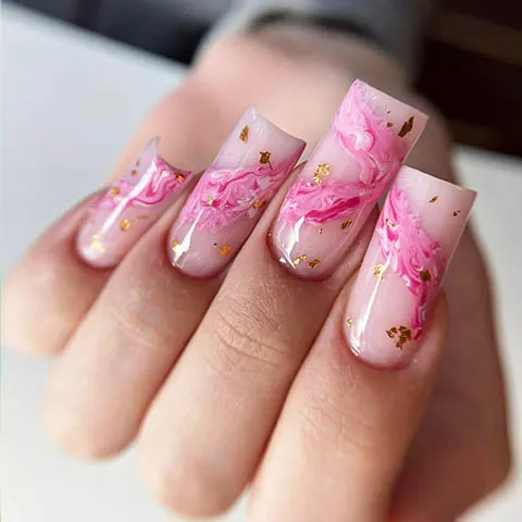 Pink marbled square nails with gold flakes